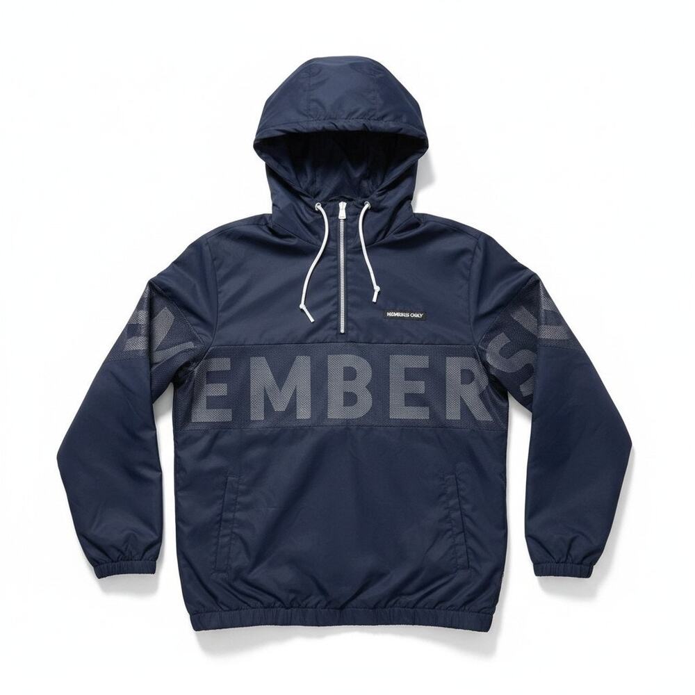 MEMBERS ONLY Mens Half Zip Spell Out Hooded Pullover Jacket Blue S Outdoor Logo